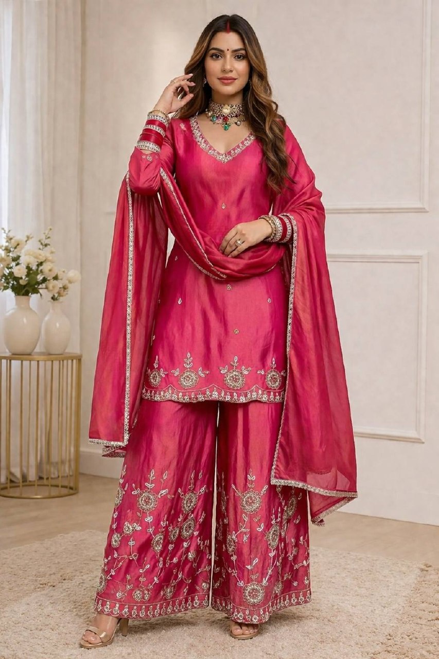 Radiant Rani Pink Embroidered Silk Couture